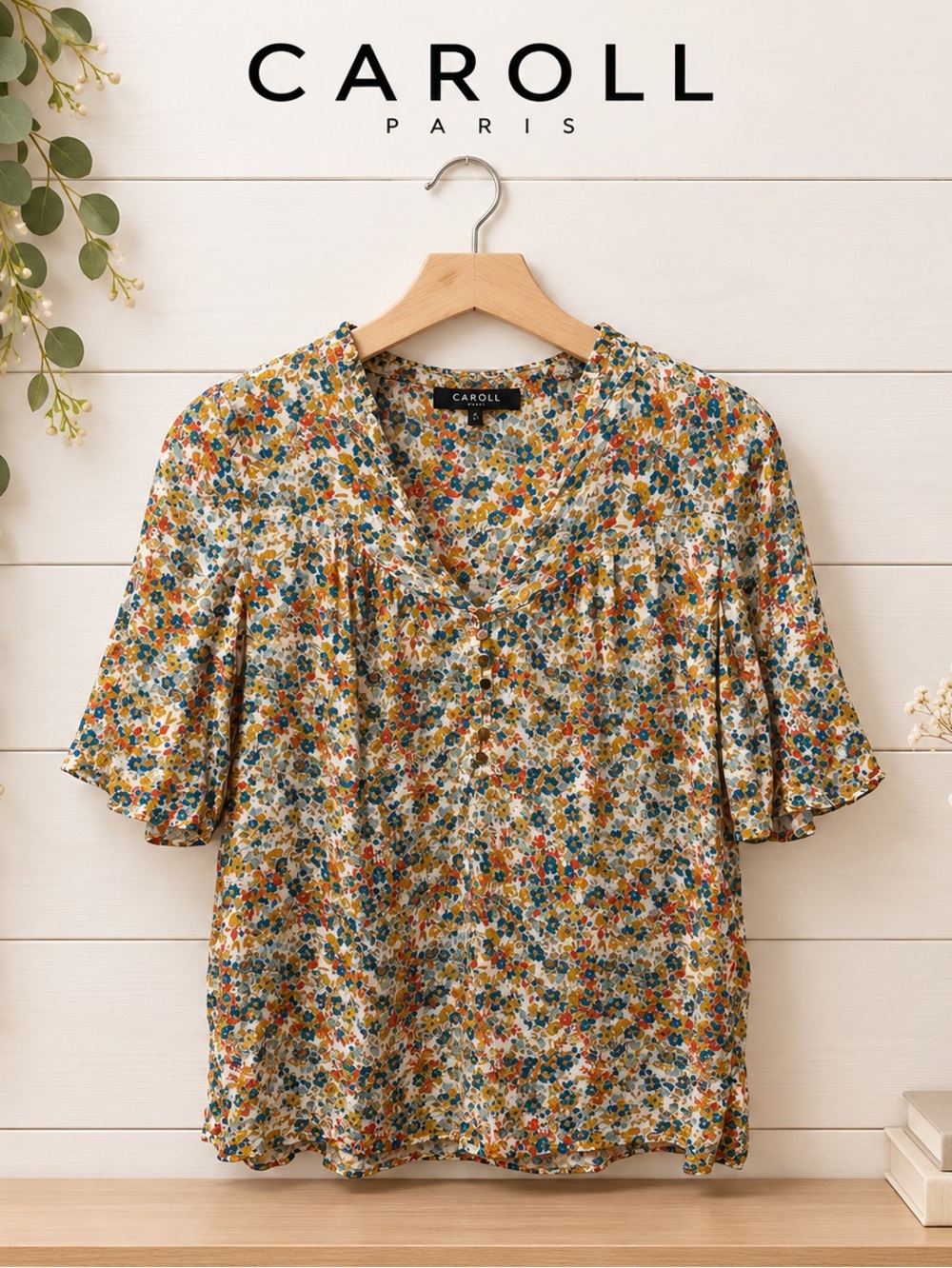 CAROLL Paris Floral Blouse – Multicolor with Subtle Gold Accents – Size 44